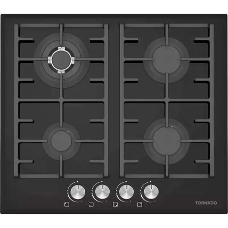 Tornado Built-In Gas Hob 60 x 60 cm, 4 Gas Burners, Black Glass, GHV-M60CCU-G